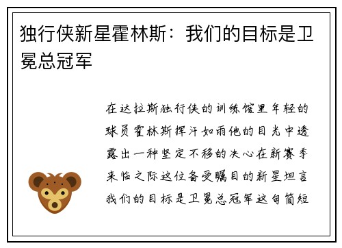 独行侠新星霍林斯：我们的目标是卫冕总冠军